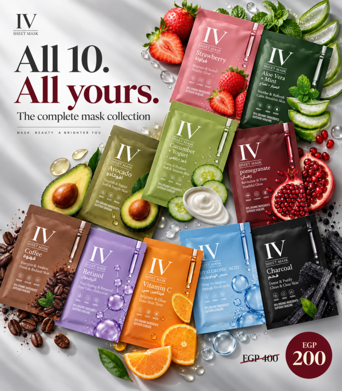 IV Care collection of 10 sheet masks with fruit and skincare ingredients, priced at EGP 200 instead of EGP 400.